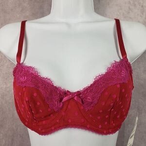 INC Intimates Bra Womens M Red Pink Crimson Leaf Lace Polka Dot Underwire